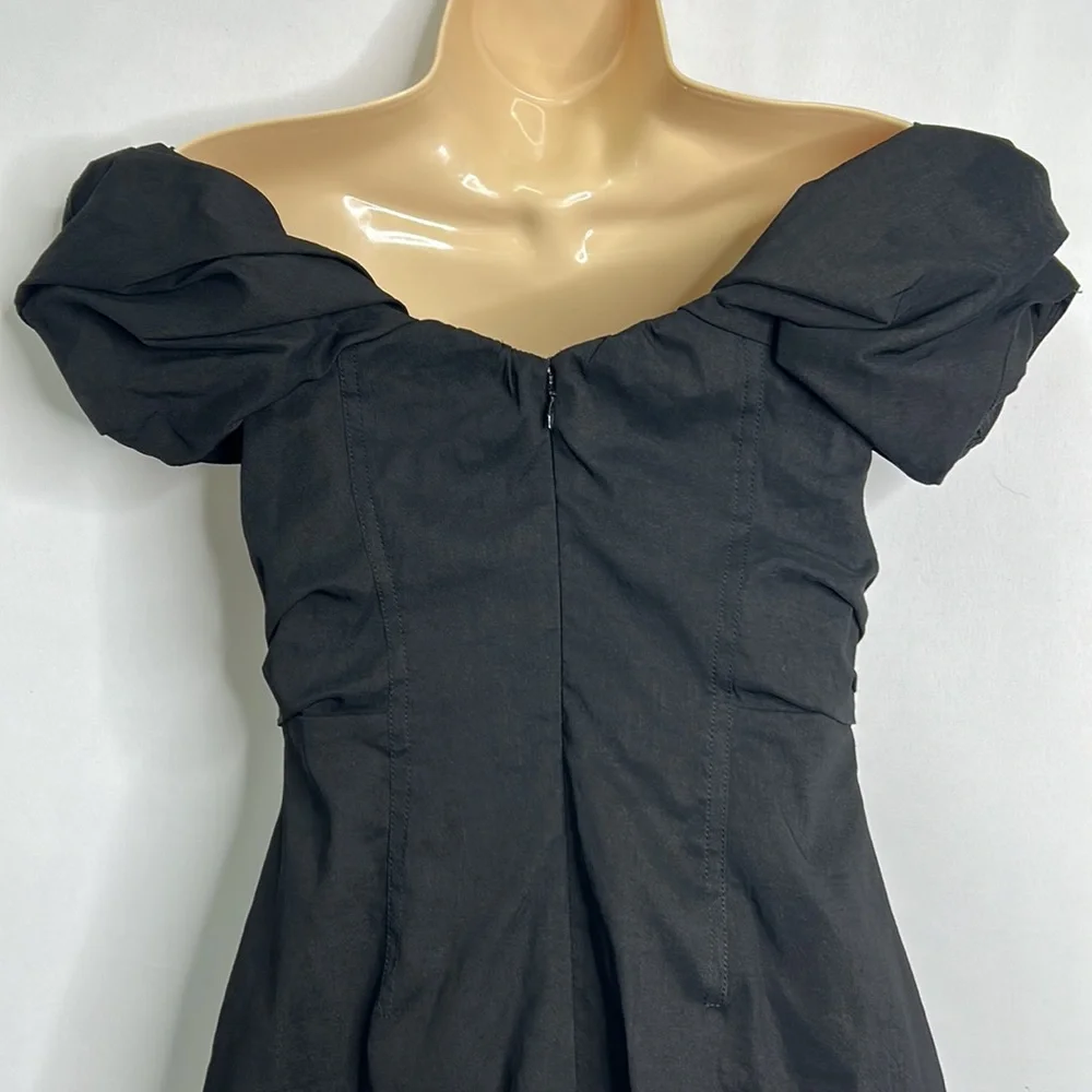 A.L.C Nora off shoulder linen ruffle ruched mid-calf little black dress - Picture 7 of 13